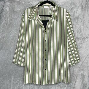 Joanna 3X Top Shirt Green Striped Scoop Neck 3/4 Sleeve Faux Button Up Womens